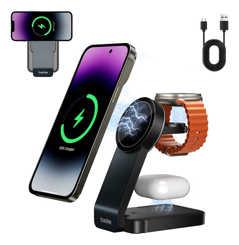 Carregador Por Indução Basike Ba WXC 149 15W 3 em 1 Carga Rápida Magnético Sem Fio