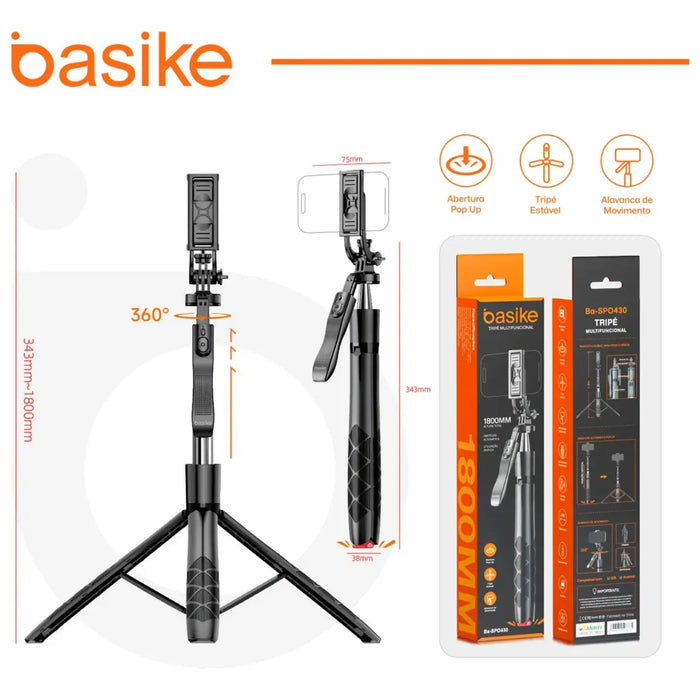 Tripé Basike Ba SPO 430 1.80 Metros Universal Estável 306 Bastão Selfie Com Controle - Basike Brasil Oficial