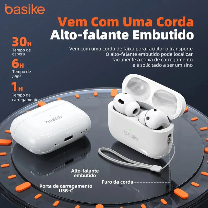 FON 12061 — Fone de Ouvido TWS Sem Fio Bluetooth Branco com Cancelamento de Ruido IPX5 - Basike Brasil Oficial