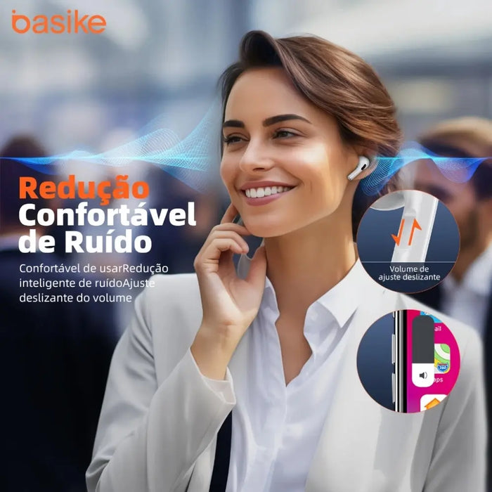 FON 12061 — Fone de Ouvido TWS Sem Fio Bluetooth Branco com Cancelamento de Ruido IPX5 - Basike Brasil Oficial