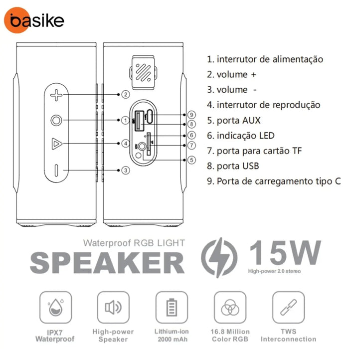Caixa de Som Basike Ba RAD 184 18w Portátil Com RGB SubWoofer 40 Horas - Basike Brasil Oficial