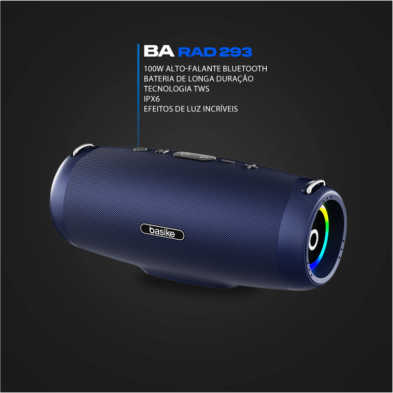 Caixa de Som Basike Ba RAD 293 100W Bluetooth  10.000mAh Sistema TWS (1+1) Ipx6 Boombox