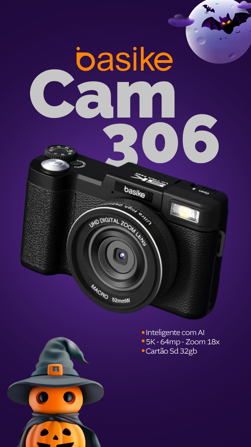 Câmera Fotografica Basike Ba CAM306 Digital 5K 64mp 18x Inteligente com AI Cartão Sd 32gb