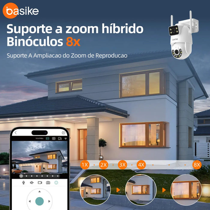 Câmera de Segurança Basike Ba CAM 002 4K para Telhado Externo Rastreamento de Pessoas 8x Zoom Controle Wi-Fi Lente Dupla Visão Noturna Rotação - Basike Brasil Oficial