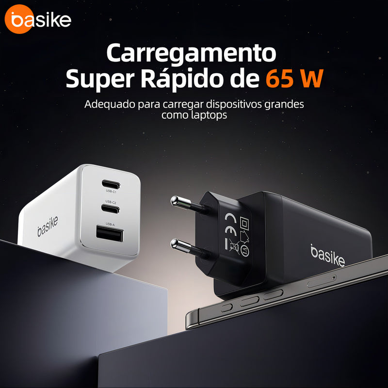 Carregador Basike Ba CAR 072 65W Turbo Tipo-C e USB Rápido