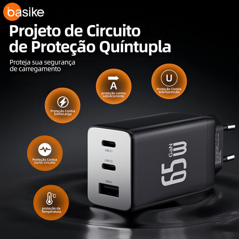 Carregador Basike Ba CAR 072 65W Turbo Tipo-C e USB Rápido