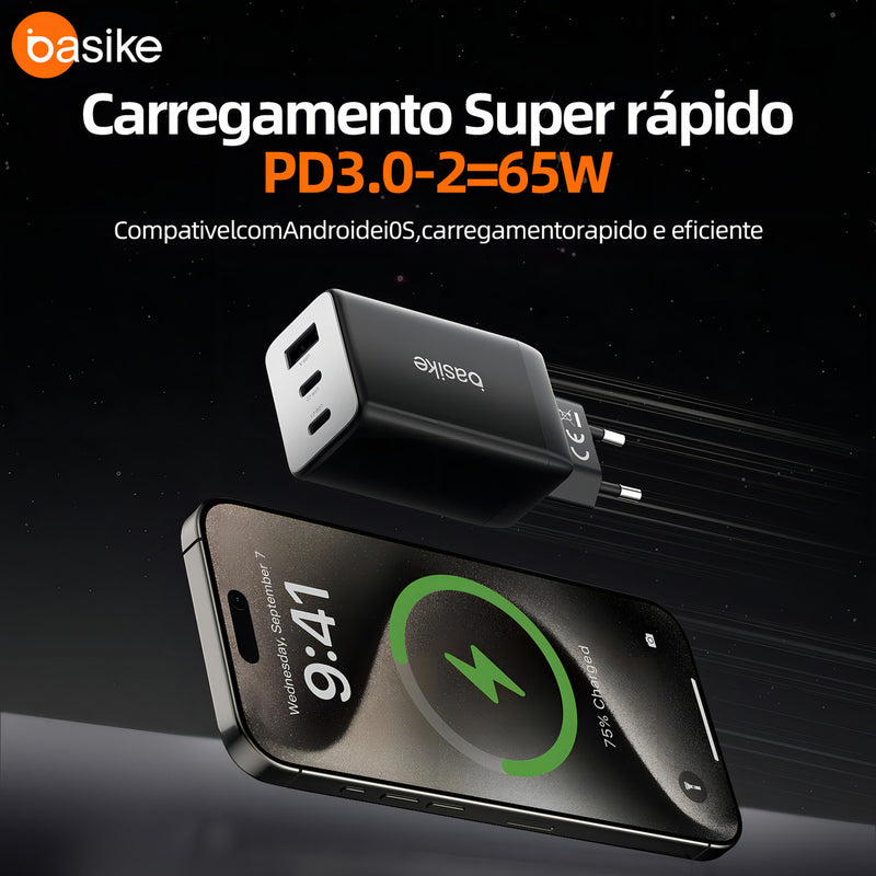 Carregador Basike Ba CAR 072 65W Turbo Tipo-C e USB Rápido