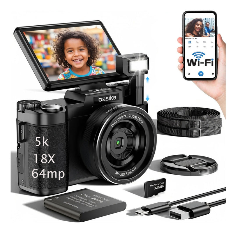 Câmera Fotografica Basike Ba CAM306 Digital 5K 64mp 18x Inteligente com AI Cartão Sd 32gb