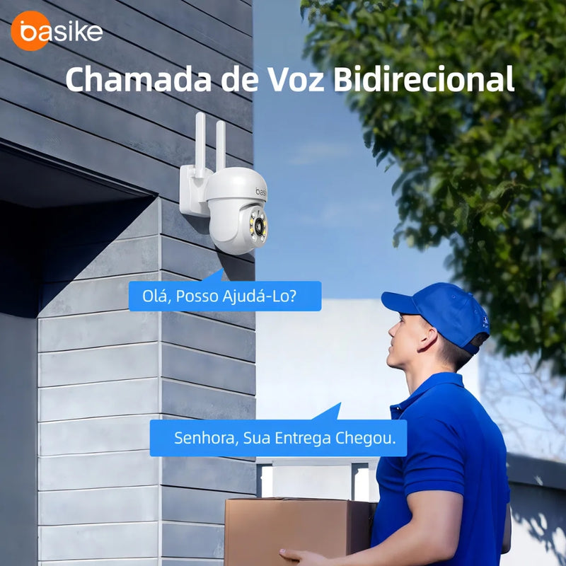 Câmera de Segurança Basike Ba CAM 005 para Área Externo 360° PTZ com Rastreamento Automático de Movimento Visão Noturna Colorida 2K FHD Resistência IP66 Áudio Bidirecional Wi-Fi 2.4GHz e Armazenamento em Nuvem/SD