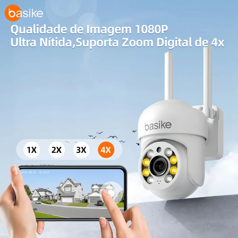 Câmera de Segurança Basike Ba CAM 005 para Área Externo 360° PTZ com Rastreamento Automático de Movimento Visão Noturna Colorida 2K FHD Resistência IP66 Áudio Bidirecional Wi-Fi 2.4GHz e Armazenamento em Nuvem/SD