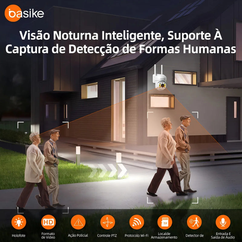 Câmera de Segurança Basike Ba CAM 005 para Área Externo 360° PTZ com Rastreamento Automático de Movimento Visão Noturna Colorida 2K FHD Resistência IP66 Áudio Bidirecional Wi-Fi 2.4GHz e Armazenamento em Nuvem/SD