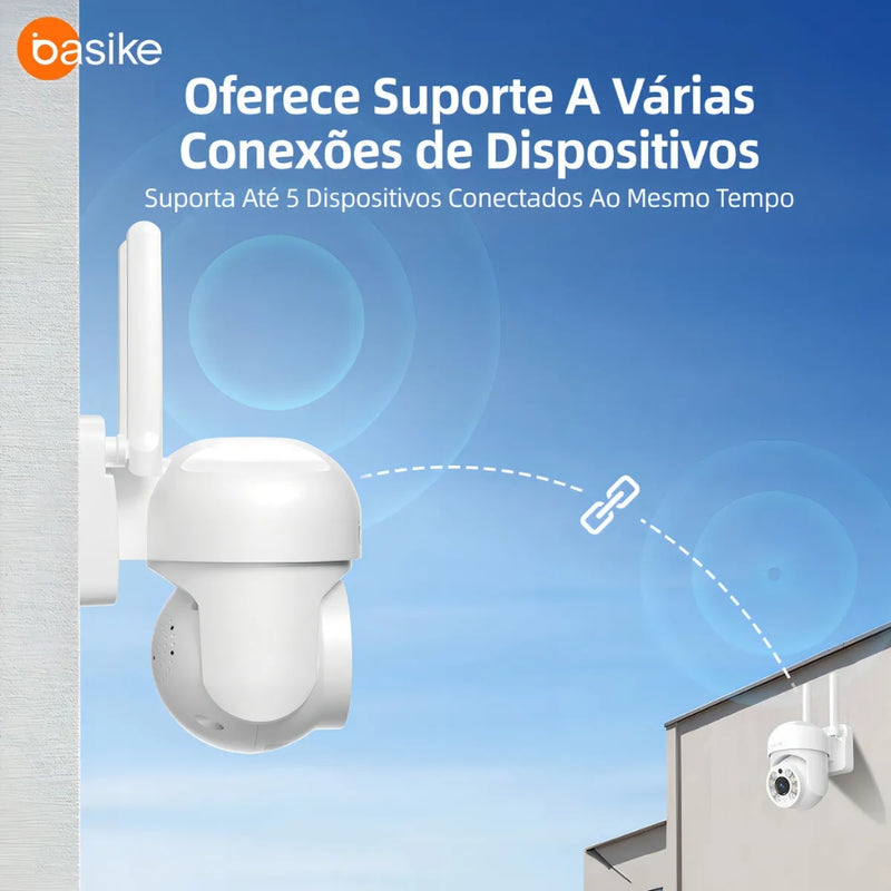 Câmera de Segurança Basike Ba CAM 005 para Área Externo 360° PTZ com Rastreamento Automático de Movimento Visão Noturna Colorida 2K FHD Resistência IP66 Áudio Bidirecional Wi-Fi 2.4GHz e Armazenamento em Nuvem/SD