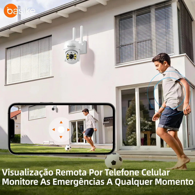 Câmera de Segurança Basike Ba CAM 005 para Área Externo 360° PTZ com Rastreamento Automático de Movimento Visão Noturna Colorida 2K FHD Resistência IP66 Áudio Bidirecional Wi-Fi 2.4GHz e Armazenamento em Nuvem/SD