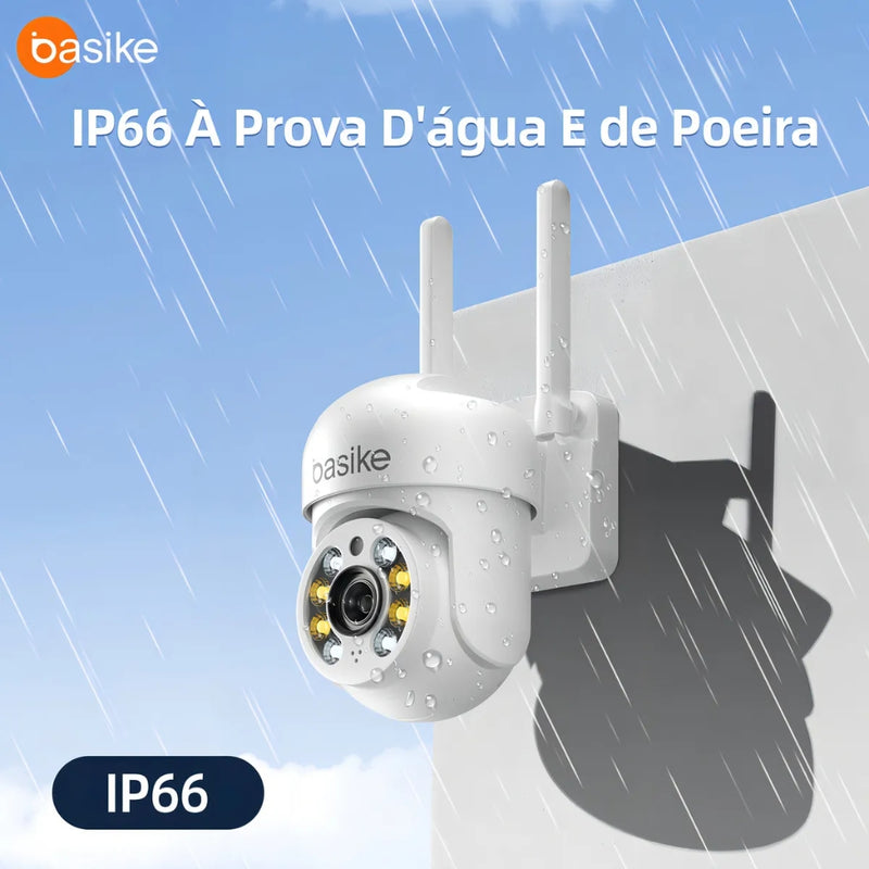 Câmera de Segurança Basike Ba CAM 005 para Área Externo 360° PTZ com Rastreamento Automático de Movimento Visão Noturna Colorida 2K FHD Resistência IP66 Áudio Bidirecional Wi-Fi 2.4GHz e Armazenamento em Nuvem/SD