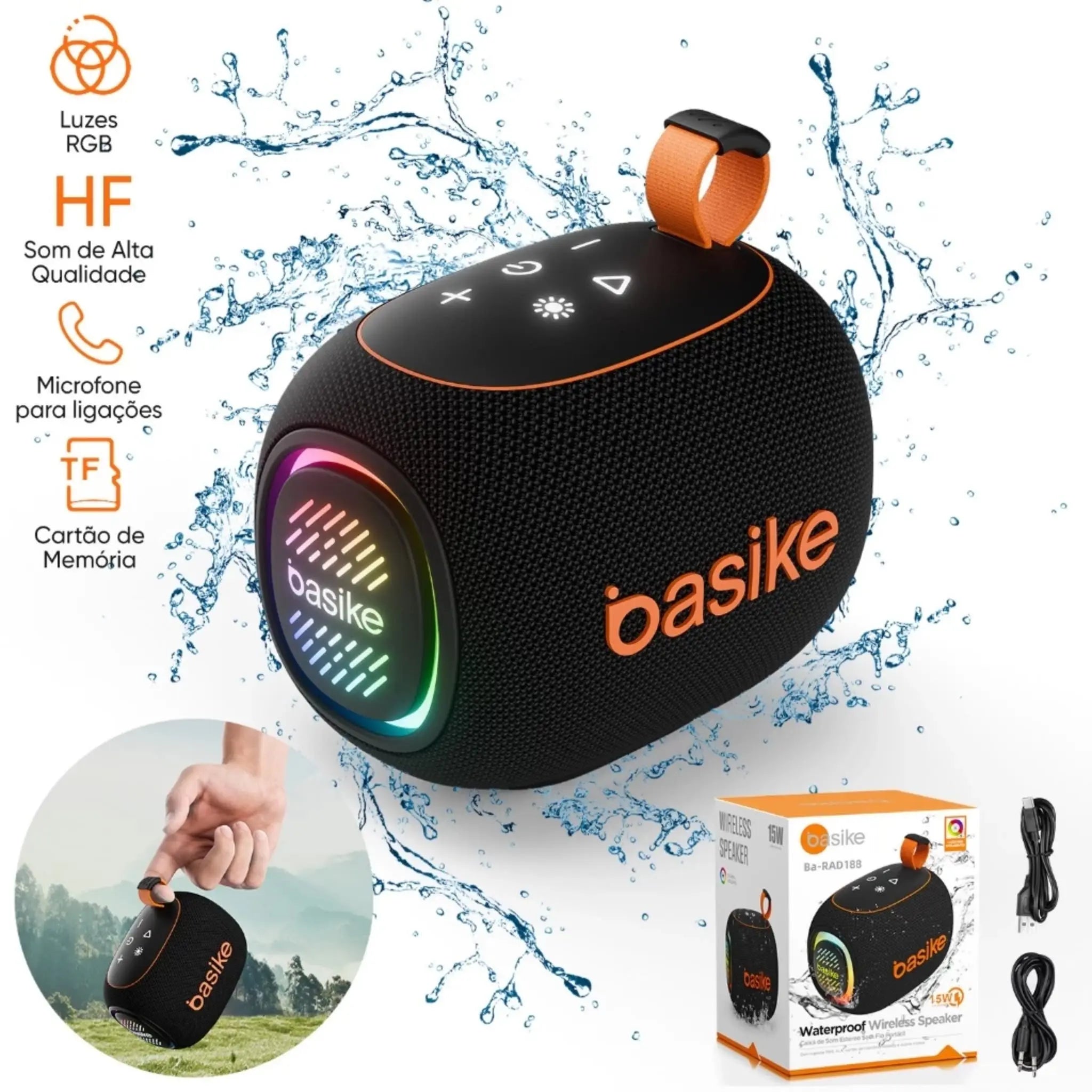 Caixa de Som Basike Ba RAD 188 Bluetooth Com RGB 15W Compacta