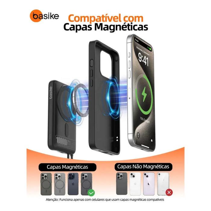 Power Bank Basike Ba POW 206 10.000mAh 15W Magsafe e com cabo Embutido - Basike Brasil Oficial