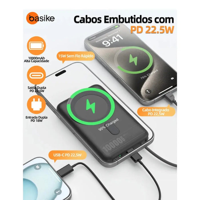 Power Bank Basike Ba POW 206 10.000mAh 15W Magsafe e com cabo Embutido - Basike Brasil Oficial