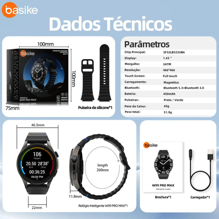 Smartwarch Basike W99 1.43" Redondo IA Com GPS Chamada Bluetooth Modo Esporte - Basike Brasil Oficial