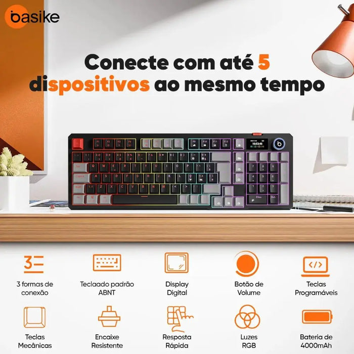 Teclado Gamer Mecânico BASIKE BA-KEY391 Tri-Mode RGB com Bateria 4000mAh Basike