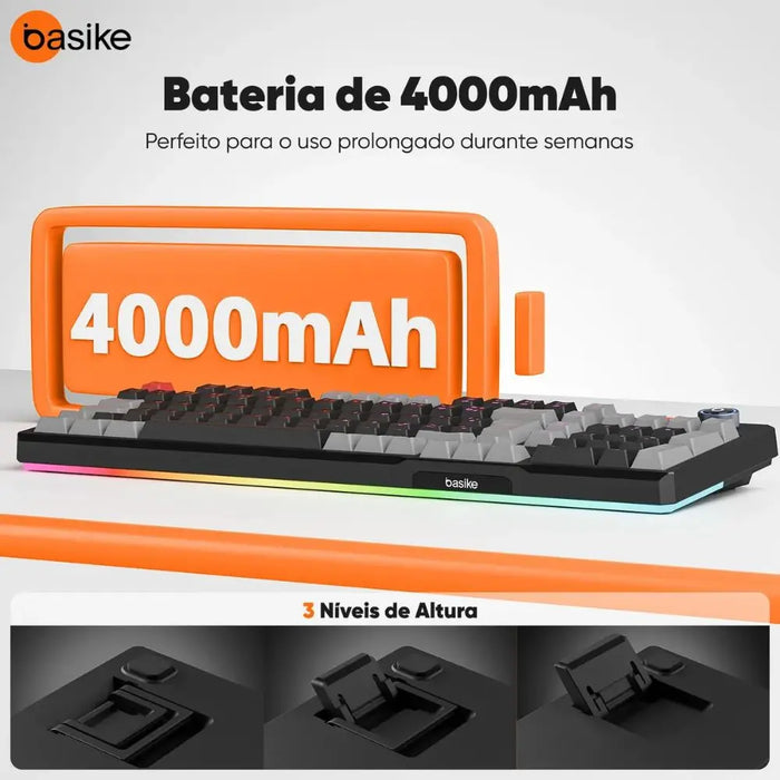 Teclado Gamer Mecânico BASIKE BA-KEY391 Tri-Mode RGB com Bateria 4000mAh Basike
