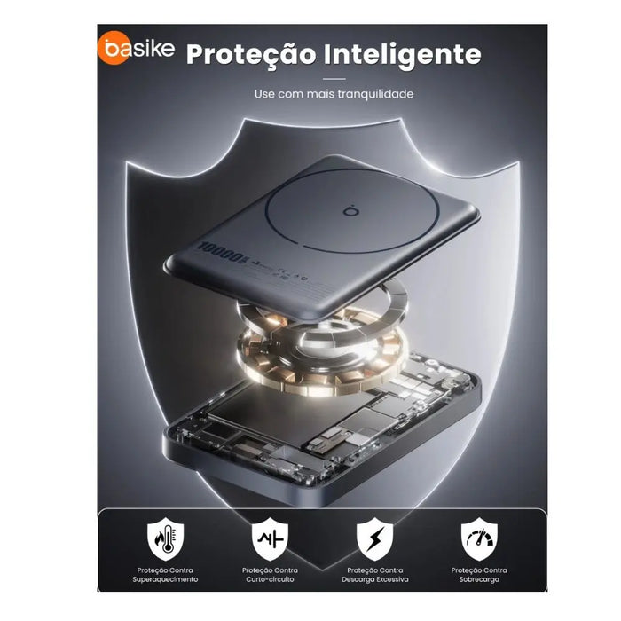 Power Bank BASIKE BA-POW219A 10000mAh Magnético com Carregamento Sem Fio 15W e Carga Rápida 22,5W Basike