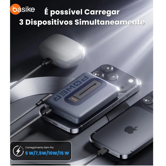 Power Bank BASIKE BA-POW219A 10000mAh Magnético com Carregamento Sem Fio 15W e Carga Rápida 22,5W Basike