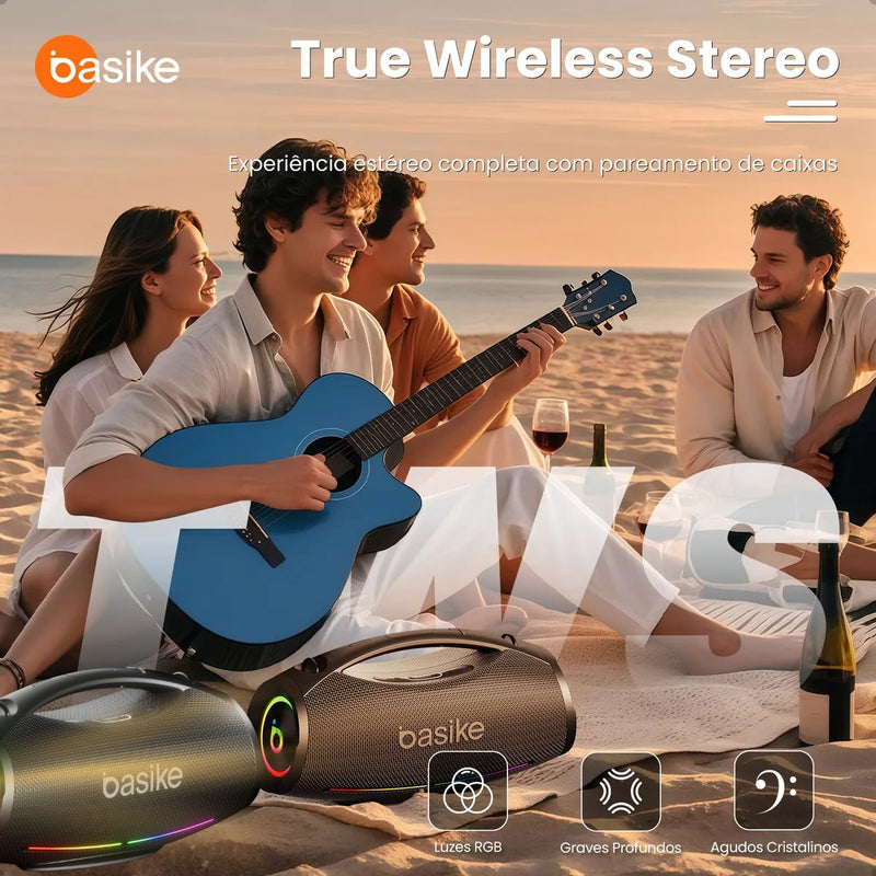 Caixa de Som Basike 200W Bluetooth Portátil IPX6 TWS Potência e Grave 30.000mAh
