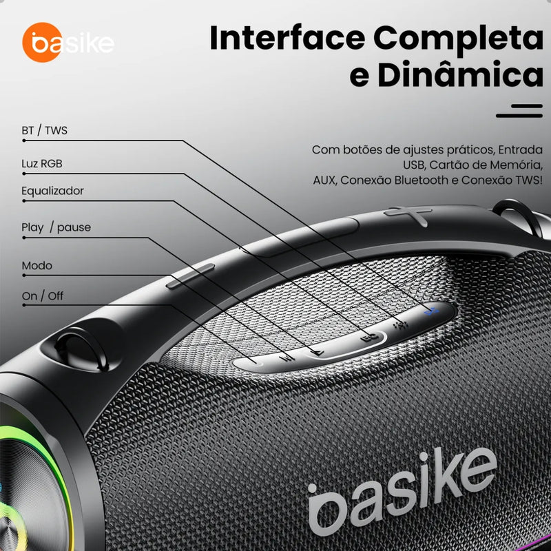 Caixa de Som Basike 200W Bluetooth Portátil IPX6 TWS Potência e Grave 30.000mAh