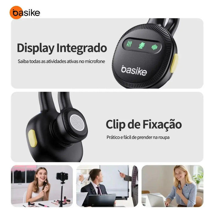 Microfone de Lapela Sem Fio BASIKE BA-MIC0009X Duplo USB-C com Redução de Ruído Basike