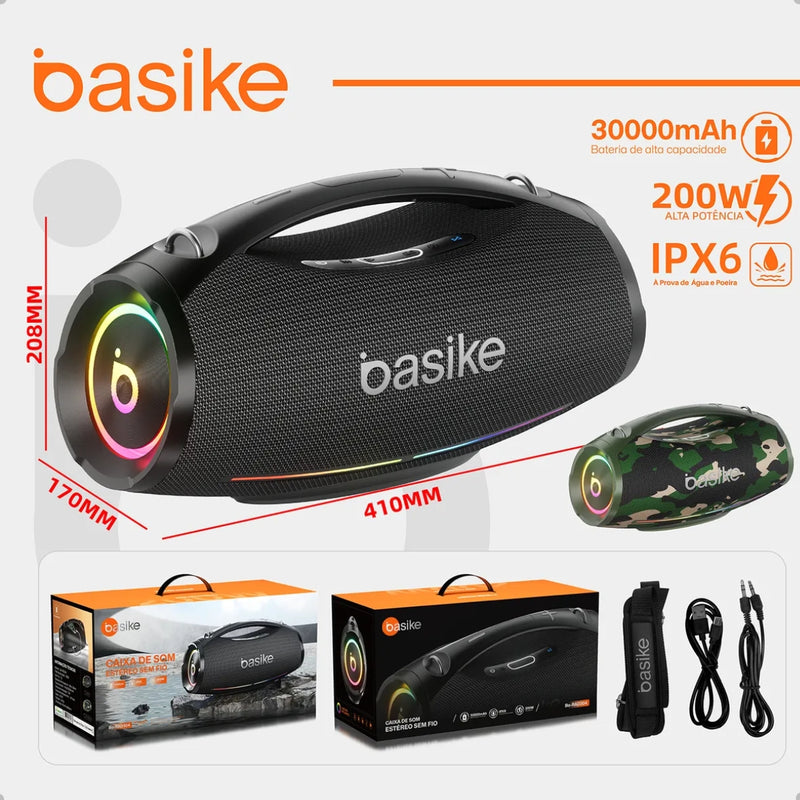 Caixa de Som Basike 200W Bluetooth Portátil IPX6 TWS Potência e Grave 30.000mAh