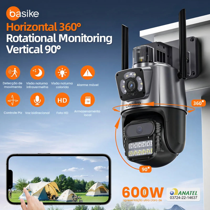 Câmera Segurança Basike Ba CAM 004 Ip Wifi Dupla Lente Dupla Full Hd 6mp Visão Noturna Com Função De Alarme De Luz Vermelha E Azul Ip66 6x Zoom App Icsee Cor Preto