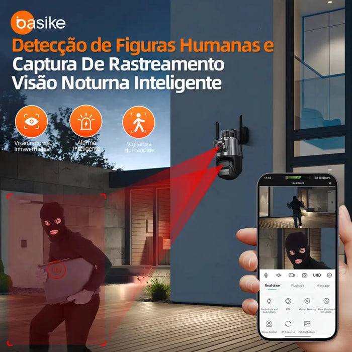 Câmera Segurança Basike Ba CAM 004 Ip Wifi Dupla Lente Dupla Full Hd 6mp Visão Noturna Com Função De Alarme De Luz - Basike Brasil Oficial