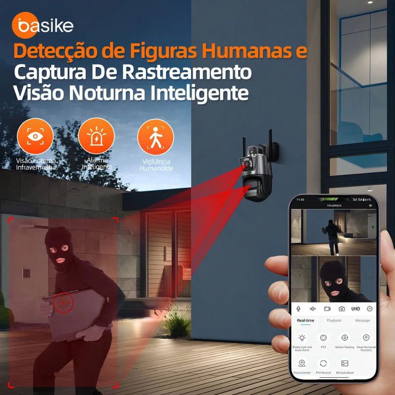 Câmera Segurança Basike Ba CAM 004 Ip Wifi Dupla Lente Dupla Full Hd 6mp Visão Noturna Com Função De Alarme De Luz Vermelha E Azul Ip66 6x Zoom App Icsee Cor Preto