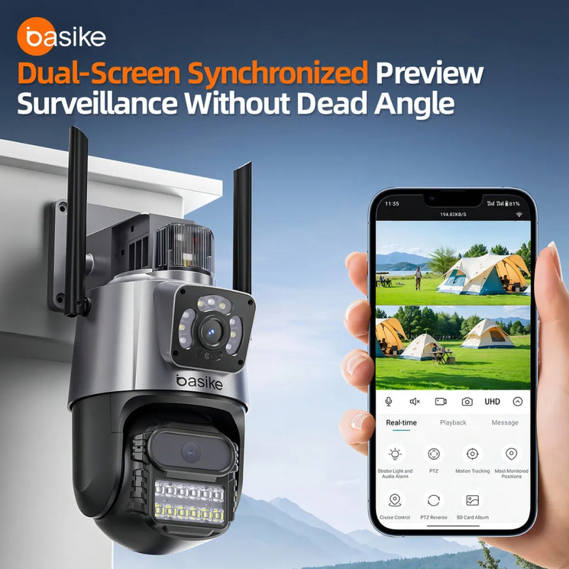 Câmera Segurança Basike Ba CAM 004 Ip Wifi Dupla Lente Dupla Full Hd 6mp Visão Noturna Com Função De Alarme De Luz Vermelha E Azul Ip66 6x Zoom App Icsee Cor Preto