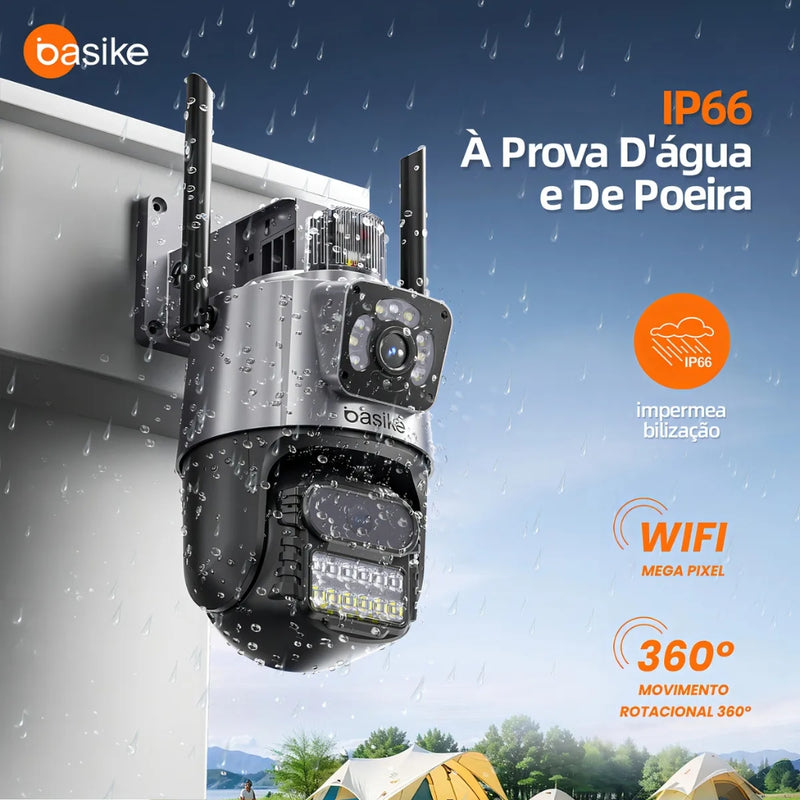 Câmera Segurança Basike Ba CAM 004 Ip Wifi Dupla Lente Dupla Full Hd 6mp Visão Noturna Com Função De Alarme De Luz Vermelha E Azul Ip66 6x Zoom App Icsee Cor Preto