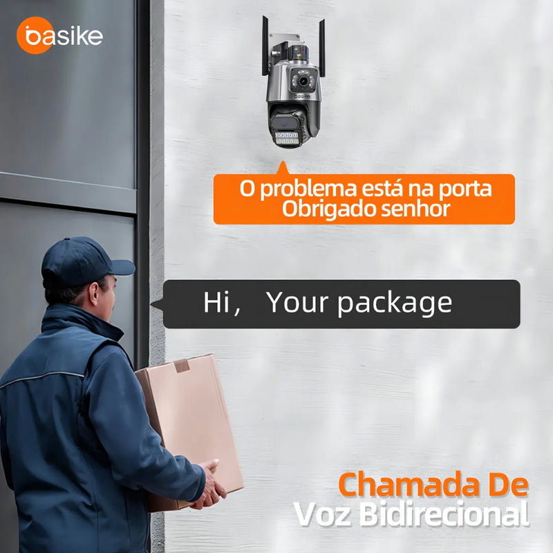 Câmera Segurança Basike Ba CAM 004 Ip Wifi Dupla Lente Dupla Full Hd 6mp Visão Noturna Com Função De Alarme De Luz Vermelha E Azul Ip66 6x Zoom App Icsee Cor Preto