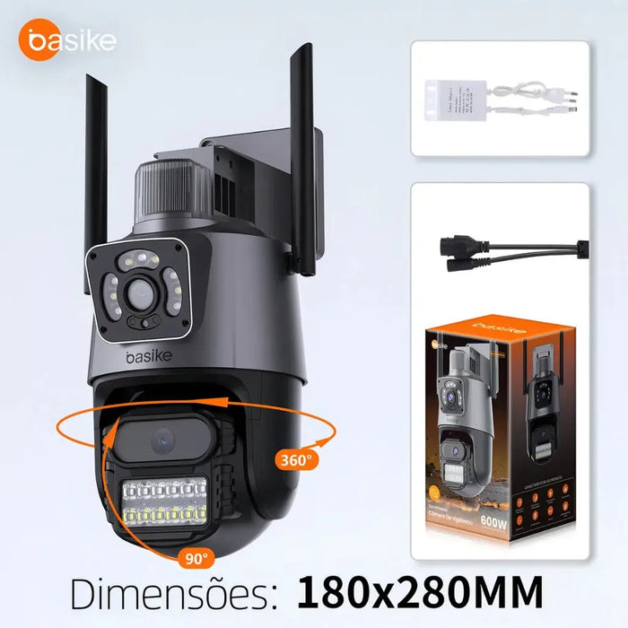 Câmera Segurança Basike Ba CAM 004 Ip Wifi Dupla Lente Dupla Full Hd 6mp Visão Noturna Com Função De Alarme De Luz - Basike Brasil Oficial