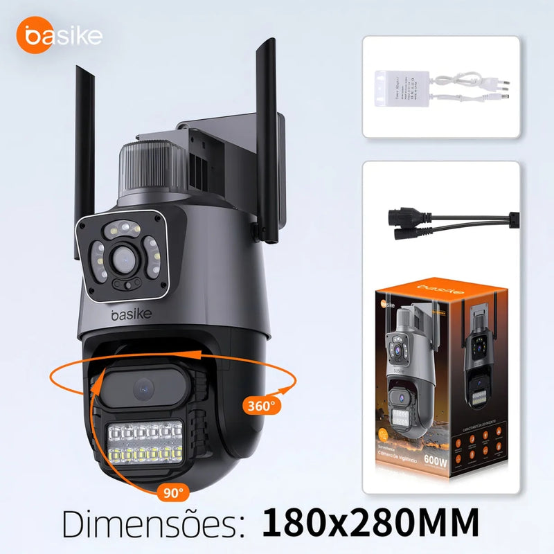 Câmera Segurança Basike Ba CAM 004 Ip Wifi Dupla Lente Dupla Full Hd 6mp Visão Noturna Com Função De Alarme De Luz Vermelha E Azul Ip66 6x Zoom App Icsee Cor Preto