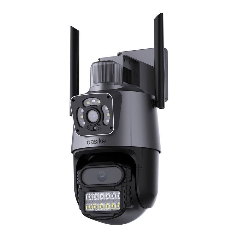 Câmera Segurança Basike Ba CAM 004 Ip Wifi Dupla Lente Dupla Full Hd 6mp Visão Noturna Com Função De Alarme De Luz Vermelha E Azul Ip66 6x Zoom App Icsee Cor Preto