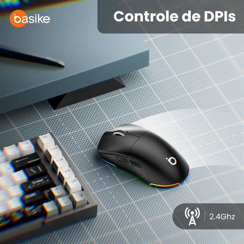 Mouse Sem Fio Gamer Basike Ba MOU338 Bluetooth 5.1 2.4ghz 12.800dpi 10 metros de alcance Com RGB Recarregável Ergonômico
