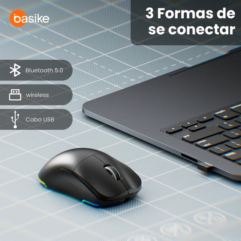 Mouse Sem Fio Gamer Basike Ba MOU338 Bluetooth 5.1 2.4ghz 12.800dpi 10 metros de alcance Com RGB Recarregável Ergonômico