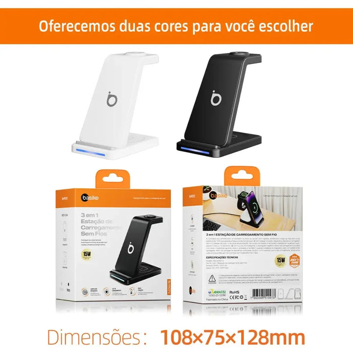 Carregador Por Indução 3 em 1 Basike Ba WXC 012 15W Rápido - Basike Brasil Oficial