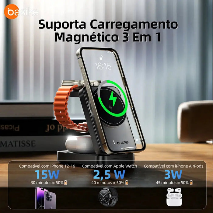 Carregador Por Indução 3 em 1 Basike Ba WXC 148 15W Compativel com Magsafe Dobrável - Basike Brasil Oficial