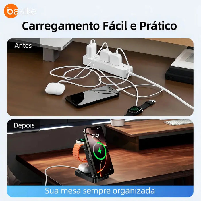 Carregador Por Indução 3 em 1 Basike Ba WXC 148 15W Compativel com Magsafe Dobrável - Basike Brasil Oficial