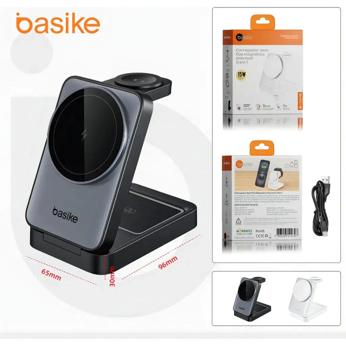 Carregador Por Indução 3 em 1 Basike Ba WXC 148 15W Compativel com Magsafe Dobrável - Basike Brasil Oficial
