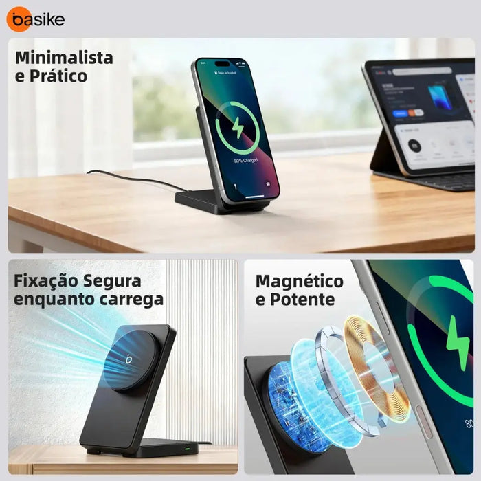 Carregador por Indução 3 em 1 Basike Ba WXC 290 15W Suporte Magnético Rápido Drobrável - Basike Brasil Oficial