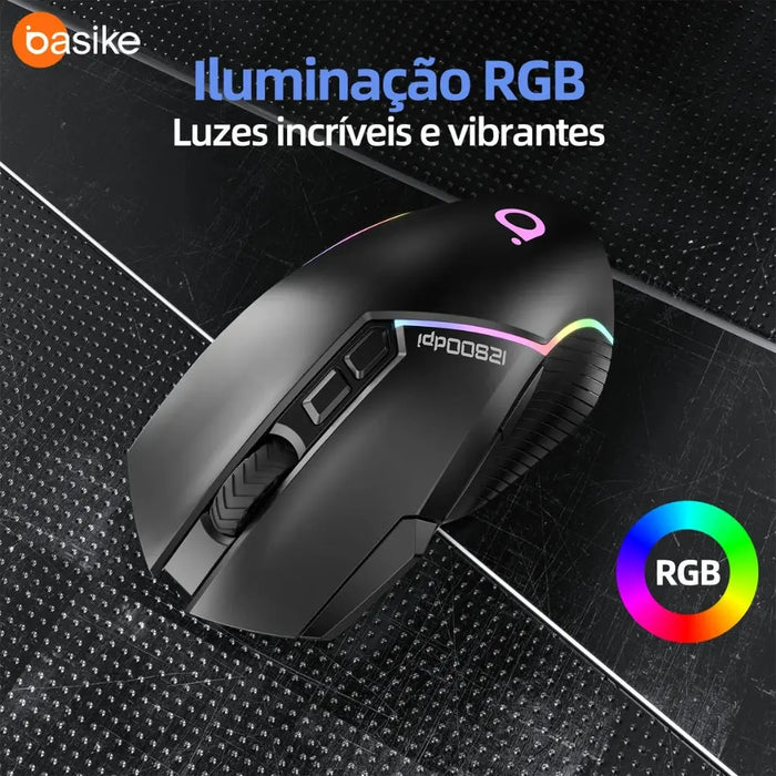 Mouse Gamer Basike Ba MOU 339 Sem fio Bluetooth Wirelles ou Cabo C Recarregável Com RGB 12.800DPI - Basike Brasil Oficial