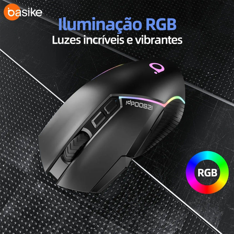 Mouse Gamer Basike Ba MOU 339 Sem fio Bluetooth Wirelles ou Cabo C Recarregável Com RGB 12.800DPI