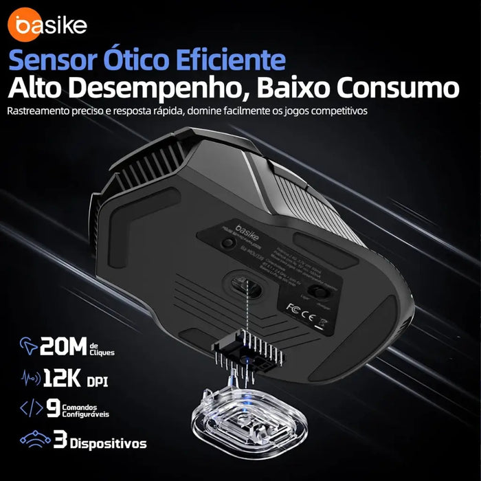 Mouse Gamer Basike Ba MOU 339 Sem fio Bluetooth Wirelles ou Cabo C Recarregável Com RGB 12.800DPI - Basike Brasil Oficial