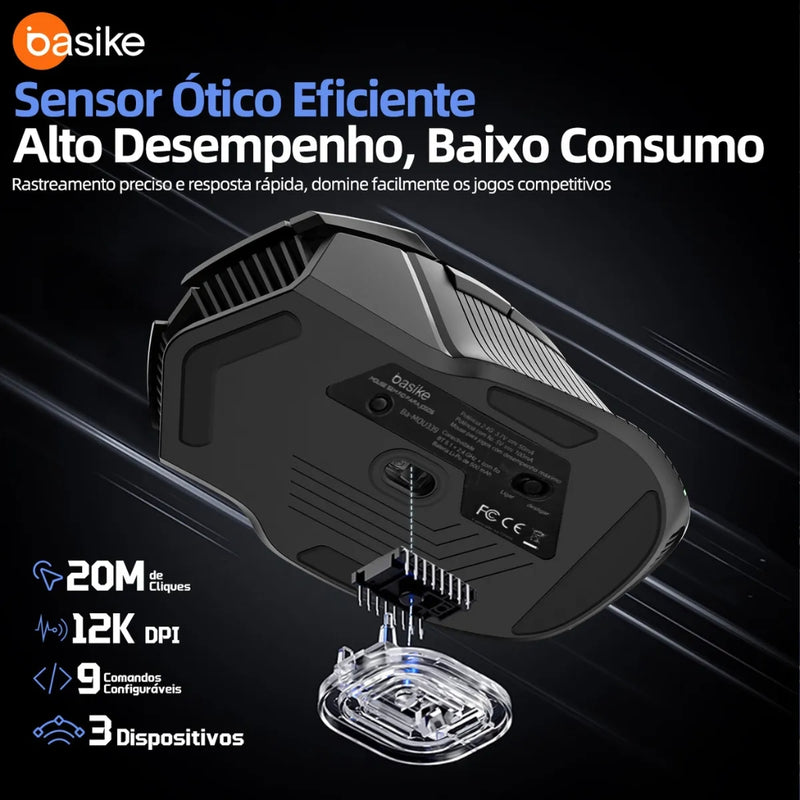 Mouse Gamer Basike Ba MOU 339 Sem fio Bluetooth Wirelles ou Cabo C Recarregável Com RGB 12.800DPI